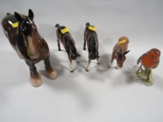Two Beswick foals plus a donkey, a shire horse and a Goebel robin (5) - one foal has tail reglued