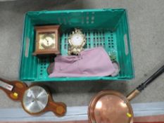 Two mantle clocks, a barometer plus a copper warming pan (4)