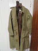 A military Sam Brown leather belt, plus another together with a vintage Regganwear long length coat