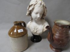 A reproduction female bust, stoneware teapot - no lid plus a stoneware jar (3)