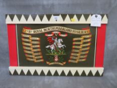 A 2nd BATTALION ROYAL NORTHUMBERLAND FUSILLIERS HAND PAINTED DRUM PANEL, showing battle honours