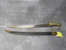 A CONTINENTAL BRIQUET SHORT SWORD WITH CURVED BLADE, brass ribbed grip, with stirrup knuckle bow, in