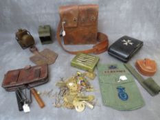 A SMALL BOX OF MILITARY COLLECTABLES, to include cycle lamps, Swedish mag case, various pouches