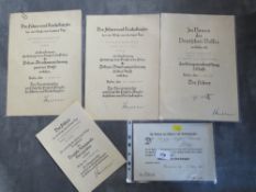 A GROUP OF FIVE WWII GERMAN CITATIONS TO MATHIAS SCHNEIDER (GENDARMERE), for veterans cross 1935,