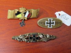 THREE WWI GERMAN IRON CROSS SWEETHEART BROOCHES, one dated 1914/1915 (3)