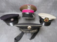 FOUR ASSORTED CAPS, Merchant Navy, Fire Brigade, (badges Hereford & Worcester), Polish Army