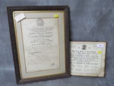 A LORD MAYOR OF BIRMINGHAM 1939-1945 WAR RELIEF FUND SCROLL, and a Royal Humane Society certificate,