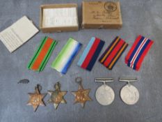 WW2 MEDAL GROUP IN POSTAL BOX, 39-45 star, Atlantic star, Burma Star, Defence & War with mid oak