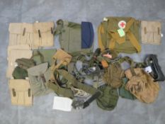 A BOX OF ASSORTED WEBBING AND POUCHES ETC., to include Russian Cold War Era medics bag etc.
