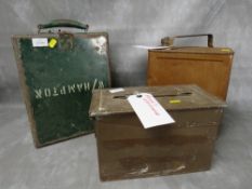A 1938 DATED WD PETROL CAN, 1986 H83 Mk 2 ammunition carry tin and a green painted bills ticket