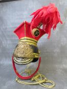 A REPLICA VICTORIAN LANCERS CHAPKA HELMET, with brass helmet plate to front and gold thread detail