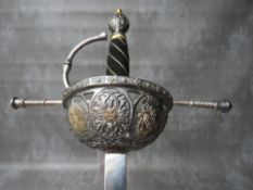 A REPLICA ITALIAN STYLE RAPIER SWORD, the hilt decorated with classical busts and coats of arms,