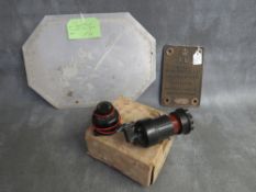 AN UNUSED IN BOX AIR MINISTRY COCKPIT LAMP, an Air Ministry brass contract plate dated 1941 and a