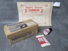 A BOX OF HOME FRONT INTEREST ITEMS, to include an air raid shelter light, Palethorpes sausage box