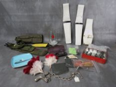 A BOX OF MILITARY ONTEREST COLLECTABLES TO INCLUDE DRESS BAYONET FROGS, a 7.62 mm general purpose