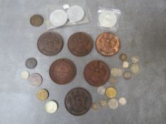 A BAG OF COINS AND MEDALLIONS, to include Wolverhampton School Board medals