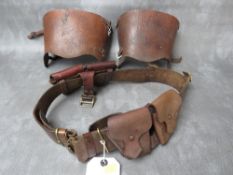 WWII HOME GUARD LEATHER AMMO POUCHES AND BELT (DATED 1940), along with leather gaiters