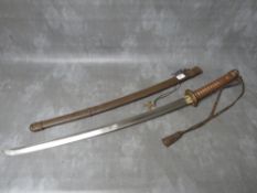 A WW2 JAPANESE KATANA (SWORD), with leather, brass and copper fittings and tsuba, in steel scabbard,