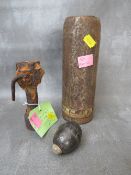 AN INERT WW1 GERMAN EGG GRENADE, inert relic German V.98 grenade launcher and an inert relic shell /