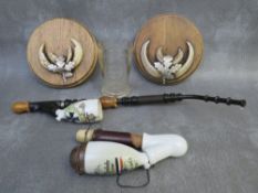 TWO WW1 IMPERIAL GERMAN INTEREST PIPES WITH CERAMIC BOWLS, two small German boar tusk trophy wall