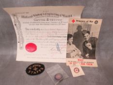 A WWI WALSALL SLIPWAY AND ENGINEERING Co. ENAMEL WAR SERVICE BADGE AND SHARE CERTIFICATE, along with