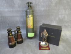 A 1960s MILITARY FIRE EXTINGUISHER, a set of early 20th century French field glasses and a metal