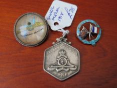 A SILVER MOUNTED RAF SWEETHEART BROOCH, silver 232 Army BDE RFA BEF silver football medal and a