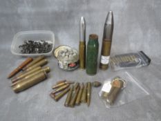 A BOX OF INERT SHELL AND BULLET CASES, to include a 30mm armour piercing round, SA80 rounds in speed