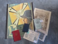 A SMALL COLLECTION OF WWII GERMAN EPHEMERA & BOOKS, to include voluntary work pass, workbook with