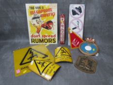 A COLLECTION OF SIGNS AND PLAQUES, to include Merchant Navy 'Cook' plaque, various danger signs