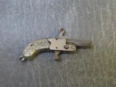 A VINTAGE AUSTRIAN WHITE METAL PERCUSSION PISTOL FOB, L 3.5 cm