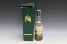 1 OPENED BOTTLE OF HOUSE OF COMMONS WHISKY SIGNED BY MARGERET THATCHER, collectors item only - not