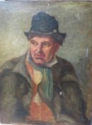 A 19TH CENTURY PORTRAIT STUDY OF A RURAL GENTLEMAN WEARING A HAT, unsigned, oil on canvas, unframed,
