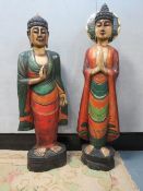 TWO LARGE CARVED WOOD POLYCHROME ORIENTAL DEITY FIGURINES, circa 1960s, in majestic standing pose,