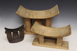 TWO WEST AFRICAN GHANA ASHANTI TRIBAL ART WOODEN STOOLS, and an East African Ethiopian tribal art