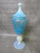 A 20TH CENTURY VENETIAN BLUE OPALINE GLASS BONBONNIERE AND COVER, with blue swirl body and an