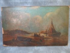 A 19TH CENTURY OIL ON BOARD OF A STORMY COASTAL BEACH SCENE, with fishing boats and figures,