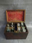 A GEORGAIN MAHOGANY APOTHECARY BOX, containing various bottles etc., H 21 cm, W 19 cm, L 30 cm