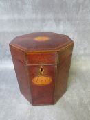 A 19TH CENTURY MAHOGANY OCTAGONAL INLAID CADDY, L 18 cm, W 18 cm, H 21 cm