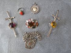 TWO HALLMARKED SILVER GEM SET KILT PINS IN THE FORM OF A SWORD, a marcasite ring marked 800, a