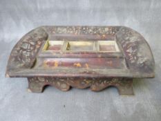 A 19TH CENTURY TORTOISESHELL AND MOTHER -OF-PEARL INLAID INKSTAND, raised on shaped feet, W 32 cm,