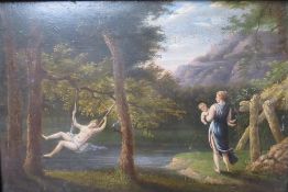 AN 18TH CENTURY MOUNTAINOUS WOODED RIVER LANDSCAPE, with mother and child and semi-nude female on