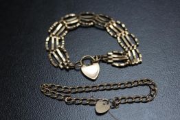 A HALLMARKED 9 CARAT GOLD BRACELET, together with a gate bracelet - hallmarks indistinct, approx