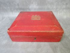 A VINTAGE LEATHER COVERED INVESTITURE BOX, manufactured by John Beck & Son, Nelson Square,