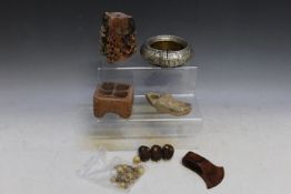 TWO 19TH CENTURY INDIAN OIL LAMPS, 3 x Tibetan yak bone beads with tigers eye eyes - provenance - Ex