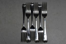 A SET OF SIX HALLMARKED SILVER DINNER FORKS BY ADET BELLAMY SAVORY - LONDON 1827, approx weight