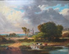 HENRY EARP SENIOR (1831-1914). A stormy wooded landscape with windmill, figure, dog and cattle