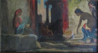 (XIX-XX). Continental school, classical town scene with semi-nude women by a watercourse,