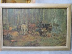 AN EARLY 20TH CENTURY IMPRESSIONIST LOGGING SCENE, with workmen and horses by camp fire, unsigned,