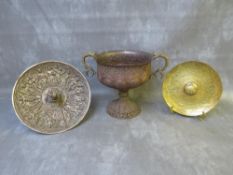 A LARGE EASTERN PIERCED METAL TWIN HANDLED PEDESTAL CLIP, H 24 cm, together with an Eastern brass